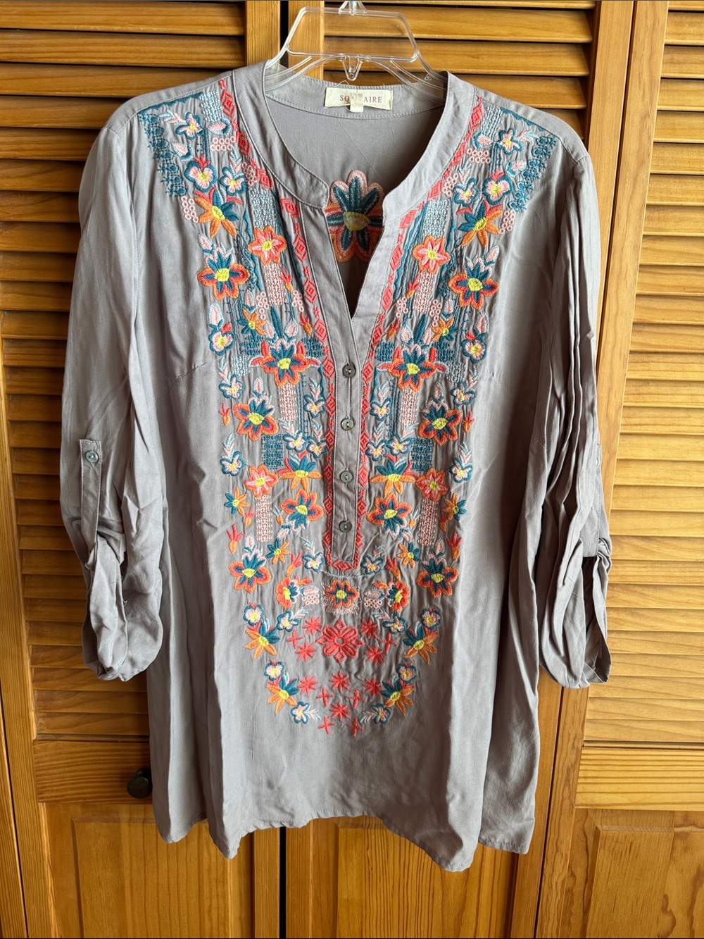 Solitaire Embroidered V-Neck Tunic Top - Gray with Multi-Color Floral Embroidery
